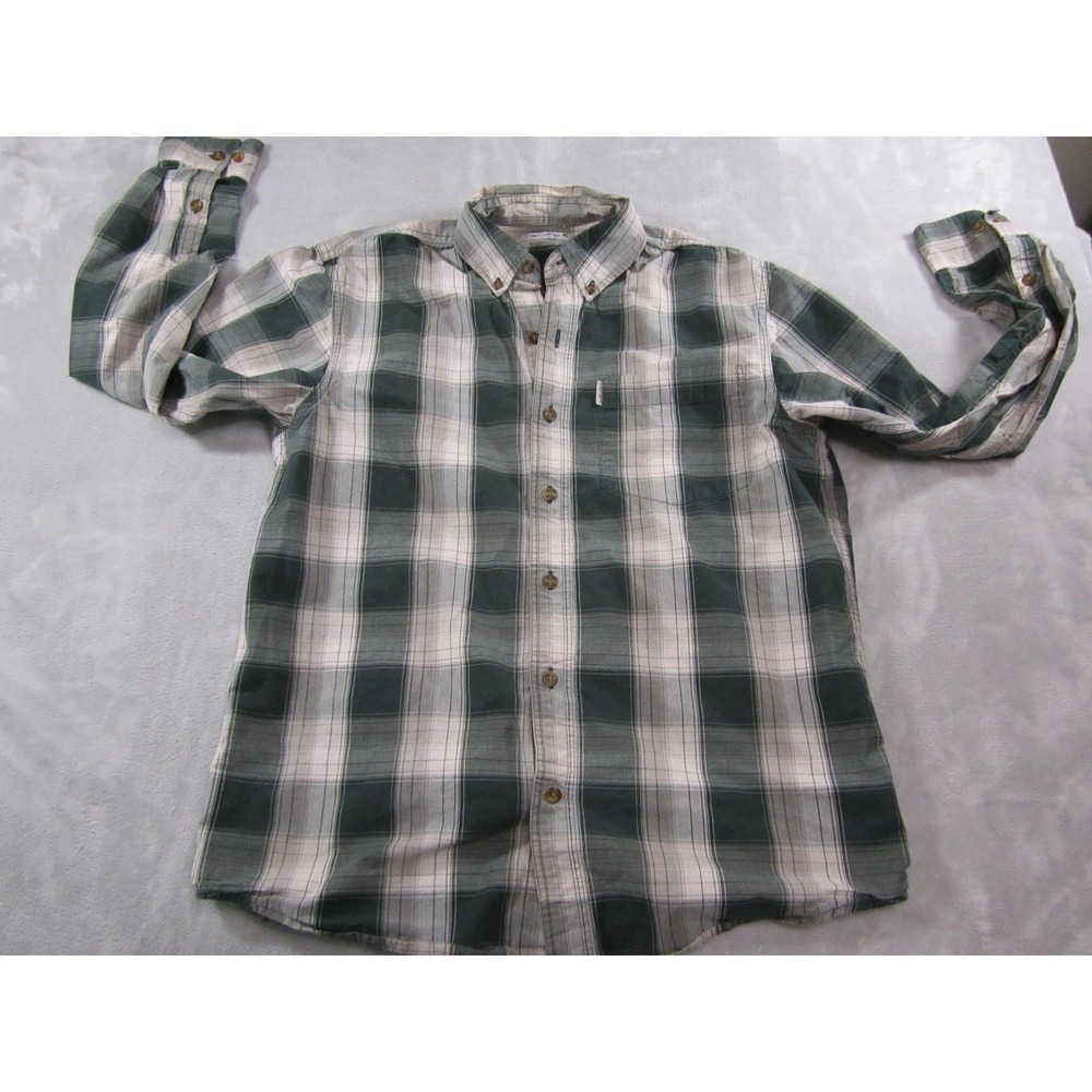 Carhartt Shirt Mens Medium Green Gray Plaid‎ Button Down Long Sleeve Fall 2016